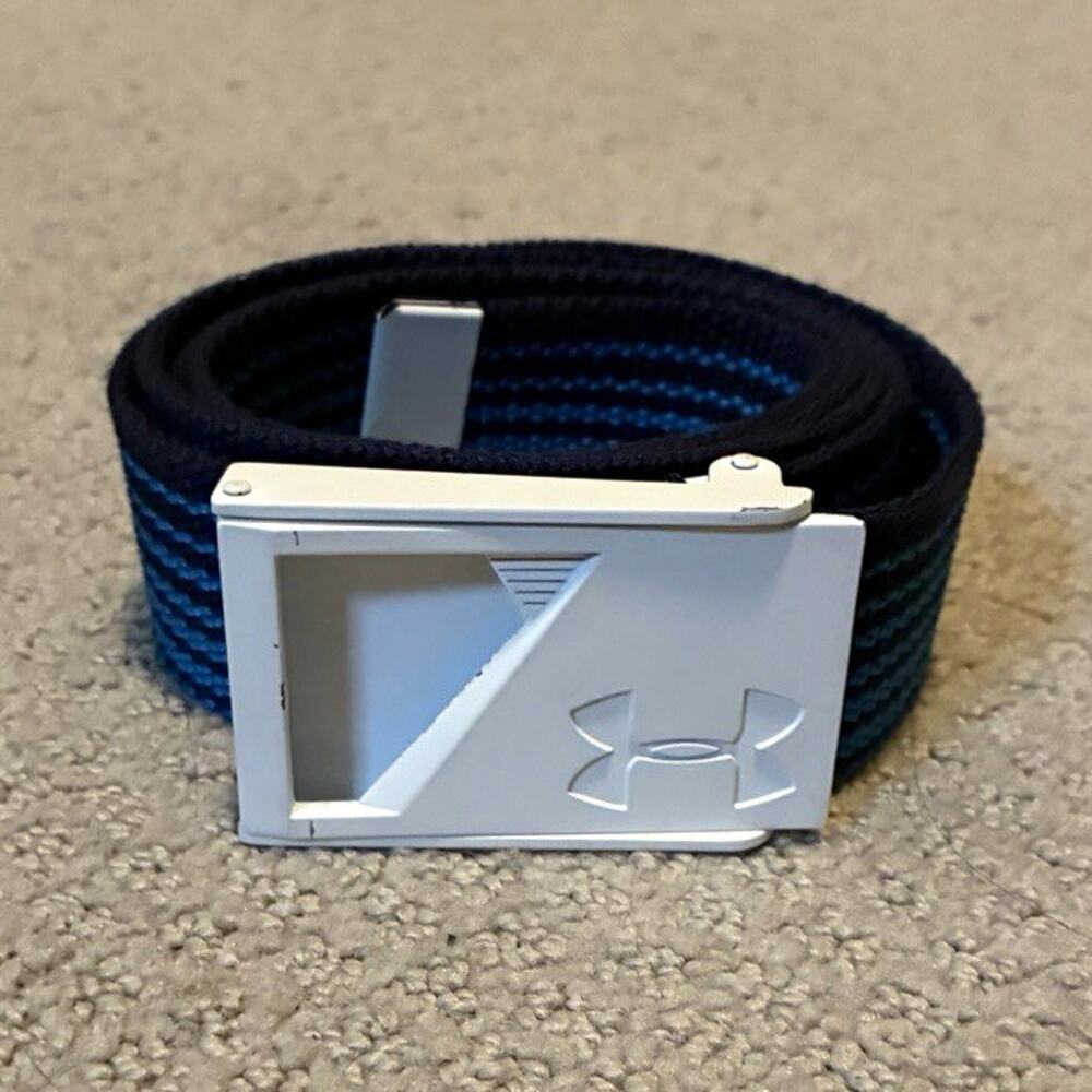 Under Armour Men's Adjustable Striped Belt Blue/Black Logo Buckle 45” inches